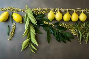 ebraico Festival di sukkot. tradizionale simboli etrog, lulav, hadas e arava foto