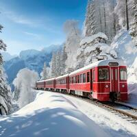 bernina esprimere passa attraverso il nevoso boschi, Svizzera. generativo ai foto