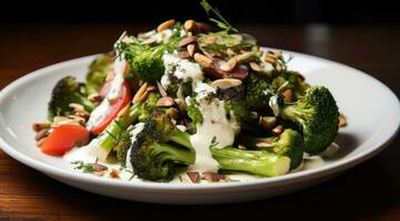 fresco broccoli e cavolfiore insalata con tahini condimento su piatto foto