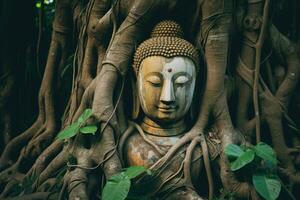 antico Budda statua sotto grande albero. generativo ai foto