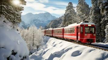 bernina esprimere passa attraverso il nevoso boschi, Svizzera. generativo ai foto