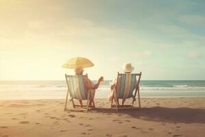 contento gli anziani godendo di la pensione su un' spiaggia. generativo ai foto