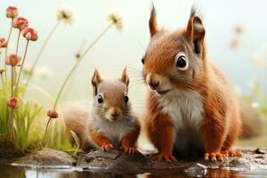 rosso scoiattolo con bambino nel il foresta foto