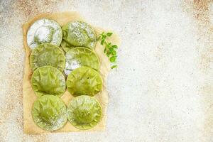 verde ravioli verde Impasto spinaci, basilico verdura cibo salutare pasto cibo merenda su il tavolo copia spazio cibo sfondo rustico superiore Visualizza foto