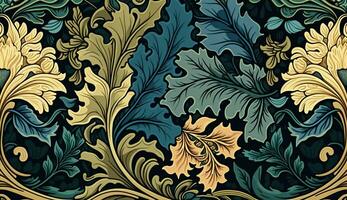 generativo ai, floreale colorato modello. William morris ispirato naturale impianti e fiori sfondo, Vintage ▾ illustrazione. fogliame ornamento. foto