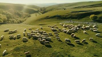 generativo ai, bellissimo verde montagne paesaggio con gregge di pecore pascolo su lussureggiante erba su terreni agricoli foto