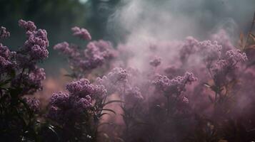 generativo ai, vicino su in crescita lavanda campo con profumo Fumo, fioritura lavanda, rosa viola fiori e erba. foto