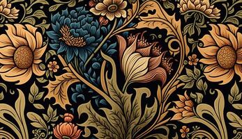 generativo ai, floreale colorato modello. William morris ispirato naturale impianti e fiori sfondo, Vintage ▾ illustrazione. fogliame ornamento. foto