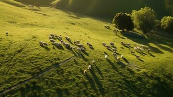 generativo ai, bellissimo verde montagne paesaggio con gregge di pecore pascolo su lussureggiante erba su terreni agricoli foto