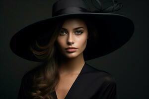 drammatico buio studio ritratto di elegante e sexy giovane donna nel nero largo cappello e nero vestire. ai generato foto