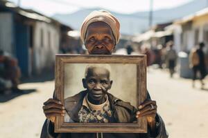 anziano nero donna detiene un vecchio fotografia nel sua mani. generativo ai foto