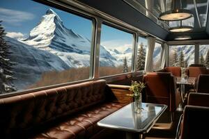 vuoto treno posti a sedere con nevoso montagne paesaggio nel finestra. generativo ai foto