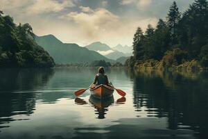 donna è andare in barca su barca su lago nel bellissimo montagna paesaggio. generativo ai foto