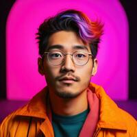 asiatico uomo ritratto su astratto colorato sfondo. generativo ai foto