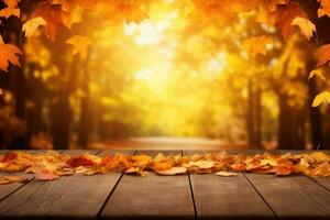 autunno sfondo con di legno tavolo e colorato autunno le foglie. generativo ai foto