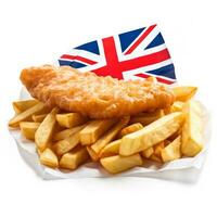 Britannico pesce e patatine fritte progettato come un' unione Jack bandiera isolato su bianca sfondo foto