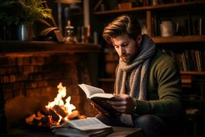 uomo lettura un' libro nel un' biblioteca nel un' accogliente maglione foto