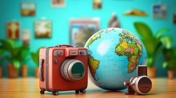 viaggio e turismo concetto con telecamera, globo e cuffie foto