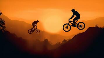 silhouette di un' montagna motociclista su un' tramonto sfondo. foto