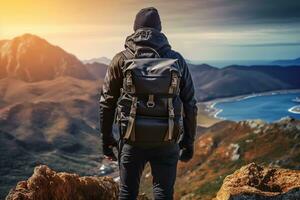 indietro Visualizza di giovane uomo con zaino e cappello in piedi su superiore di il montagna foto