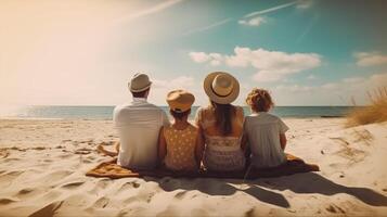 contento famiglia seduta su spiaggia e guardare a mare nel estate foto