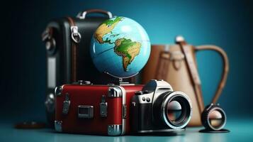 viaggio e turismo concetto. bagaglio, telecamera e globo su blu sfondo foto