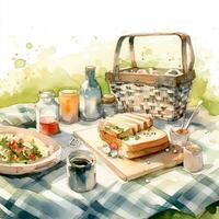 picnic. acquerello mano disegnato illustrazione. picnic cibo e bevande foto