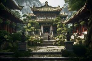 asiatico uomo a piedi nel il giardino con gigante pagoda nel il sfondo foto