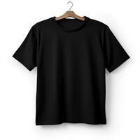nero maglietta su un' appendiabiti su un' bianca sfondo foto