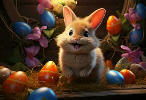 foto contento coniglietto con molti Pasqua uova su erba festivo sfondo per decorativo design