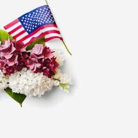 patriottico fioriture vivace americano bandiera colore fiori su un' bianca sfondo con copia spazio generativo ai foto