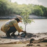 ripristino il costa Comunità Fidanzamento nel piantare mangrovie per ambiente conservazione e habitat restauro su terra giorno, promozione sostenibilità. terra giorno generativo ai foto