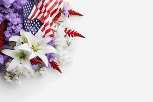 patriottico fioriture vivace americano bandiera colore fiori su un' bianca sfondo con copia spazio generativo ai foto