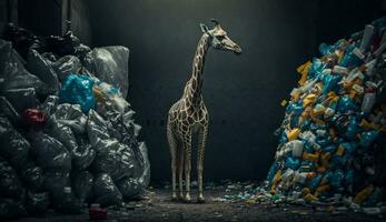 un' giraffa nel sta vicino un' mucchio di plastica. generativo ai. foto