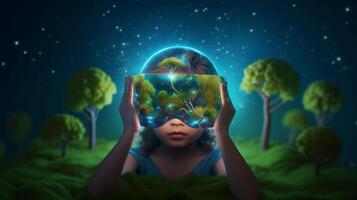 bambini indossare vr bicchieri dormire, sognare, luminosa pensieri, metaverso, tecnologia futuristico concetto, verde terra sfondo. generativo ai. foto