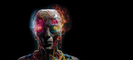 cervello robot sta animato con di spessore multicolore Fumo, pieno corpo, alto qualità viso la pittura, con spazio per testo. foto