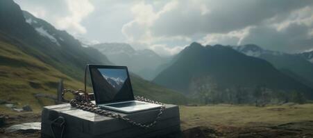 banca icona. incatenato il computer portatile su montagna sfondo. ai generativo. foto