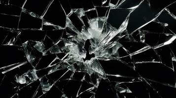 rotto bicchiere mucchio pezzi struttura e sfondo, nel nero leggero , Cracked finestra effetto. generativo ai foto
