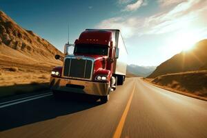 Basso - angolo tiro di un' carico camion guida su un' autostrada, cattura il energia e scala di il veicolo. generativo ai foto