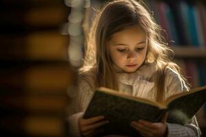 un' vicino - su tiro di un' giovane alunno lettura un' libro nel un' accogliente biblioteca angolo. generativo ai foto