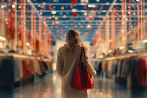 un' donna a piedi in giro il centro commerciale prima Natale con sua shopping Borsa. generativo ai foto