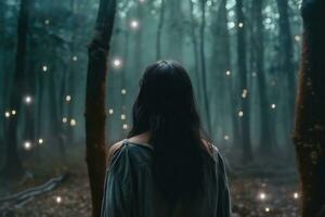indietro Visualizza foto di donna a piedi nel misterioso foresta. generativo ai