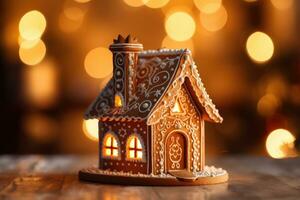 decorato con Pan di zenzero e un' Casa su superiore Natale torta. sfondo bokeh effetto, candele, albero e ornamenti. generativo ai foto
