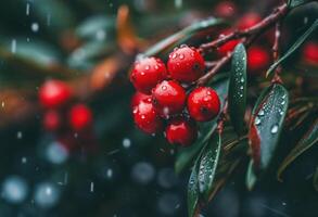 raggiante Natale albero decorato con ornamentale palle e rosso frutti di bosco per il vacanza stagione. generativo ai foto