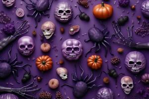 superiore Visualizza teschi, zucche e orrore elementi su viola sfondo per vacanza Halloween. generativo ai foto