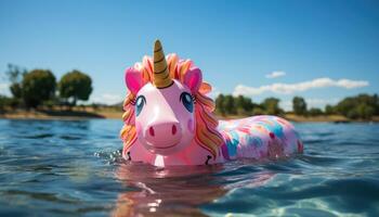 estate divertimento - colorato gonfiabile unicorno galleggiante su turchese piscina. generativo ai foto