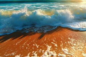 sabbioso spiaggia e vivace blu oceano onda. generativo ai foto