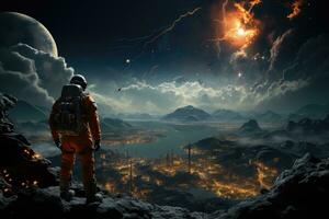 astronauta fissando a un' lontano pianeta contro un' cosmico sfondo. generativo ai foto
