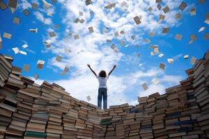 un' giovane alunno raggiungendo su in direzione un' nube fatto interamente di galleggiante libri contro un' luminosa blu cielo. generativo ai foto