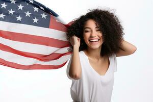 foto di bellissimo americano donna in posa nel davanti di americano bandiera. generativo ai